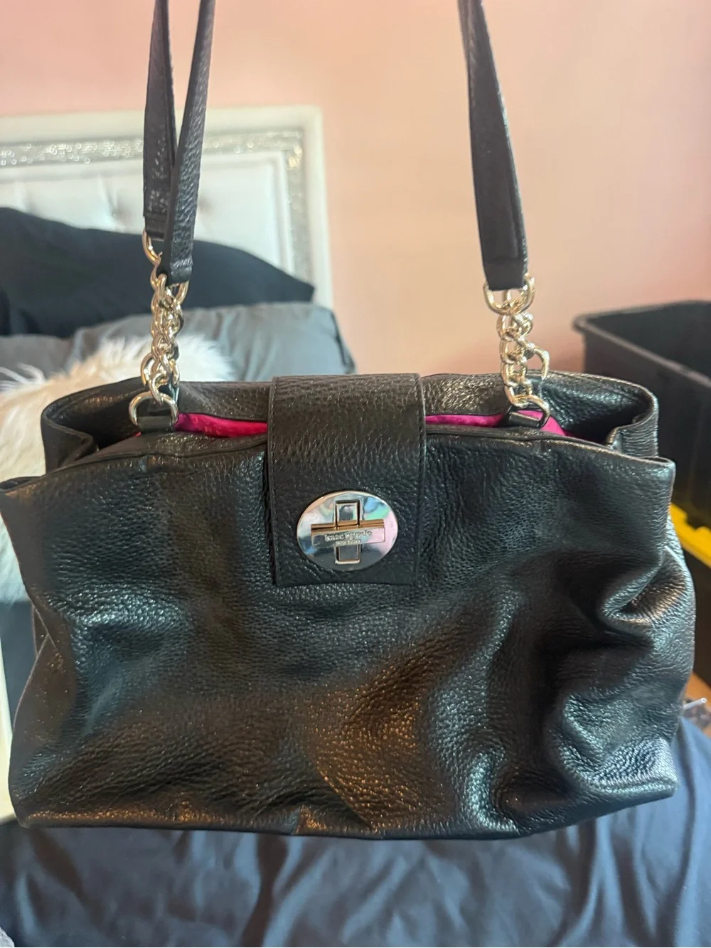 kate spade Black Leather Shoulder Bag with Pink Interior
